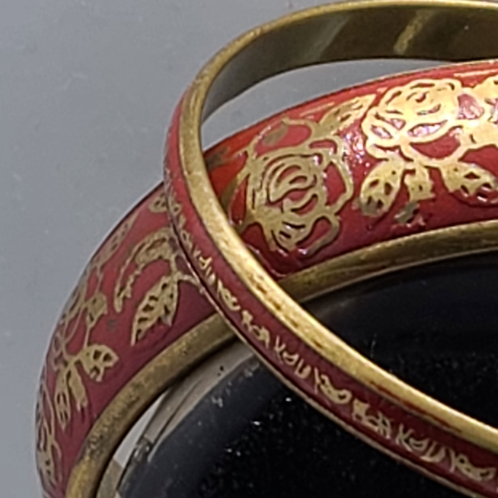 Brass & Red Enamel Gold Floral Accents, Bracelets 2 - Picture 3 of 7